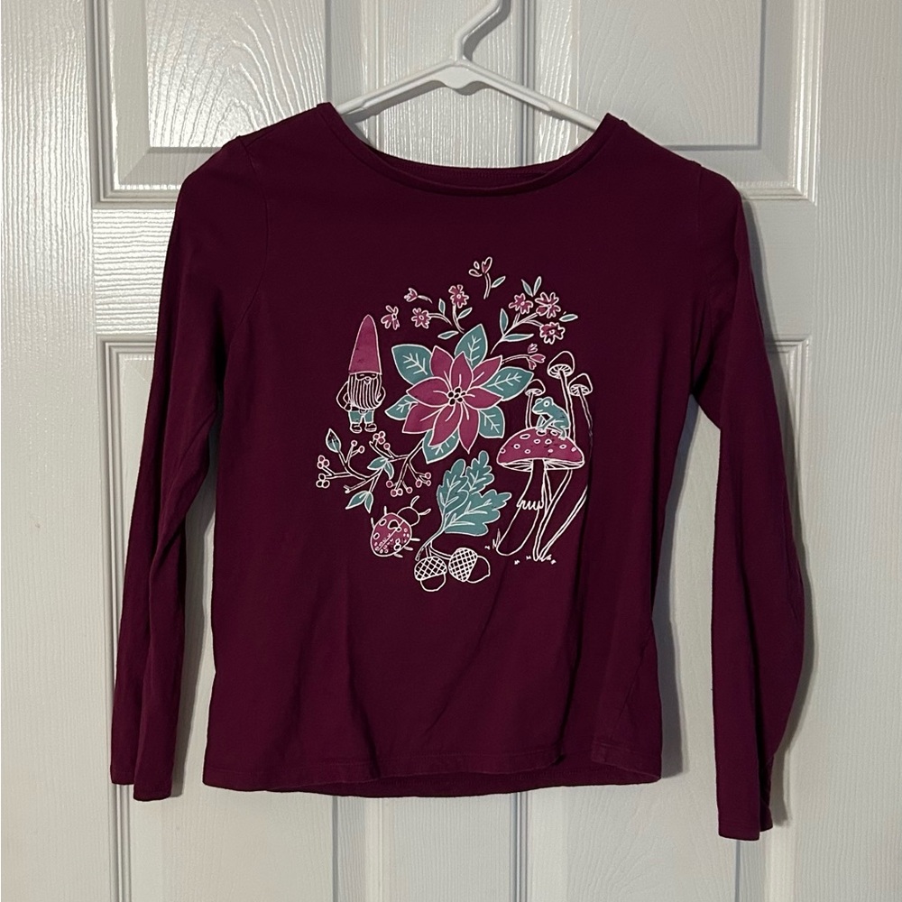 Burgundy Long Sleeve Shirt with Floral, Gnome‎ and Mushroom Design